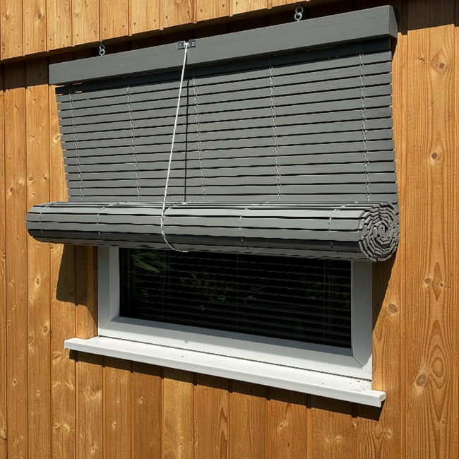 Outdoor grey wooden blind against timber cladding