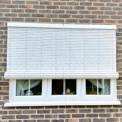 White outdoor wooden blind on brick W1800 x H1500 mm