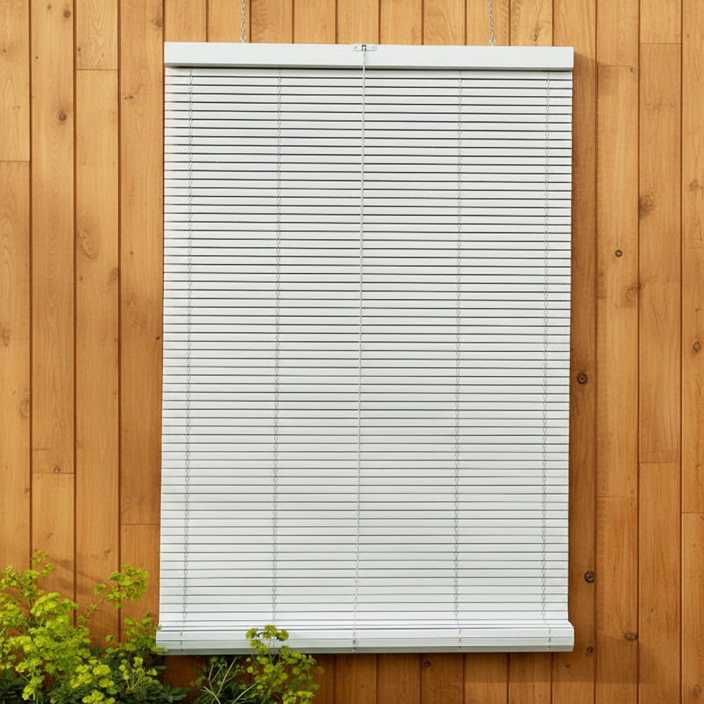 White outdoor wooden blind W1500 x H2500 mm against wooden cladding
